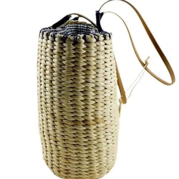 Breckenridge Straw Tote Bag Purse Blonde Wicker Picnic Blue Check Teacup Bee - Picture 6 of 10